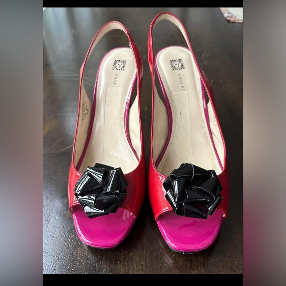 Anne Klein Red and Pink Slingback Platform Heels with Black Bow Sz 9.5